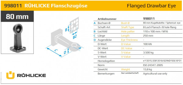 998011 Flanschzugöse 80 mm Kugelkalotte 8-Loch Land- und Forstwirtschaft