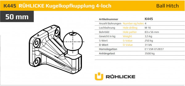 K445 Kugelkopfkupplung 83 x 56 mm 4-Loch Flansch