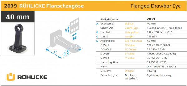 Z-039 Flanschzugöse 40 mm 6-Loch (nur Land- und Forstwirtschaft)