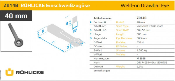 Z014B 40 mm Einschweißzugöse 50 mm x 50 mm (geschlitzte Buchse)