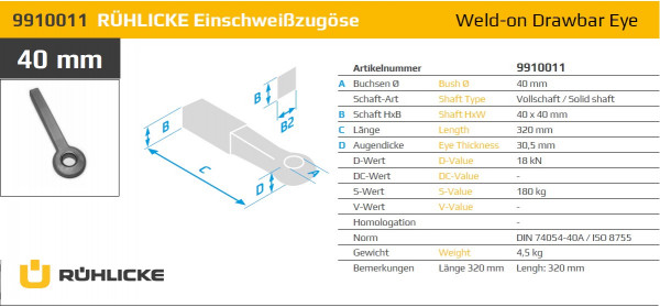 9910011 40 mm Einschweißzugöse 40 x40 x 320 Vollschaft