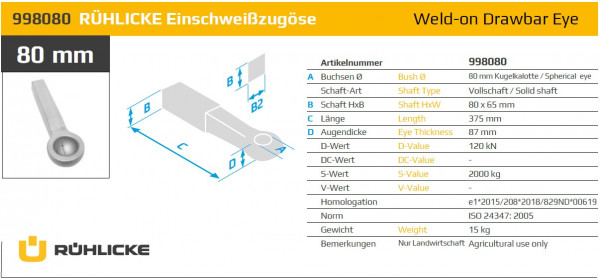 80 mm Kugelkalotte Einschweißzugöse 80 x 65 mm Vollschaft