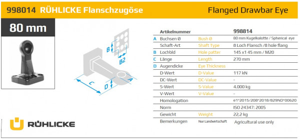 998014 Flanschzugöse 80 mm Kugelkalotte 8-Loch 145 x 145 mm Land- und Forstwirtschaft
