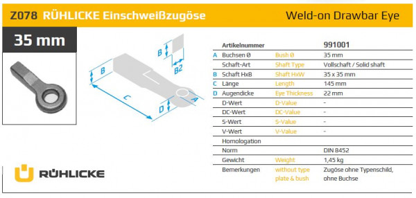 Z078 35 mm Einschweißzugöse 35 mm x 35 mm nach DIN 8454 (ohne Buchse)