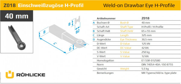 Z018 40 mm Zugöse mit H-Profil 65 mm x 55 mm